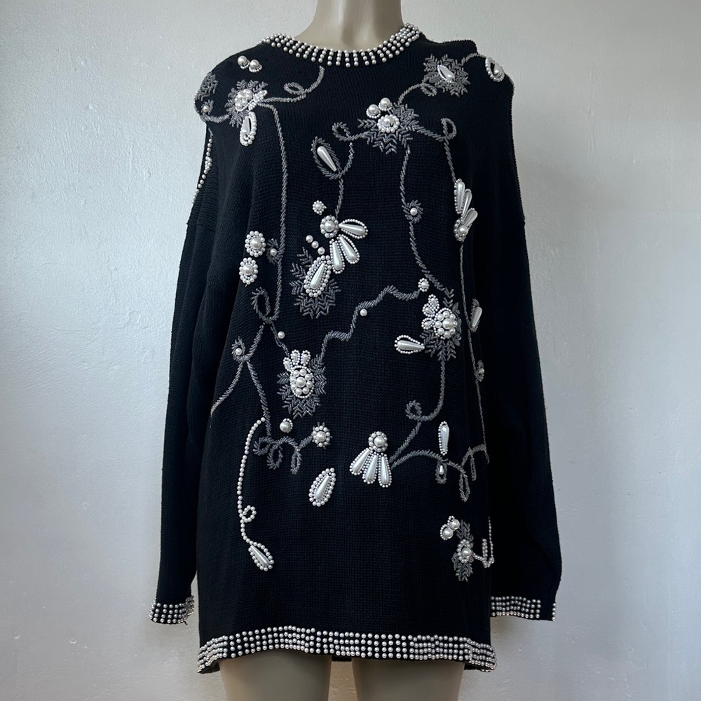 Beaded Embellished Black Knitted Sweater
